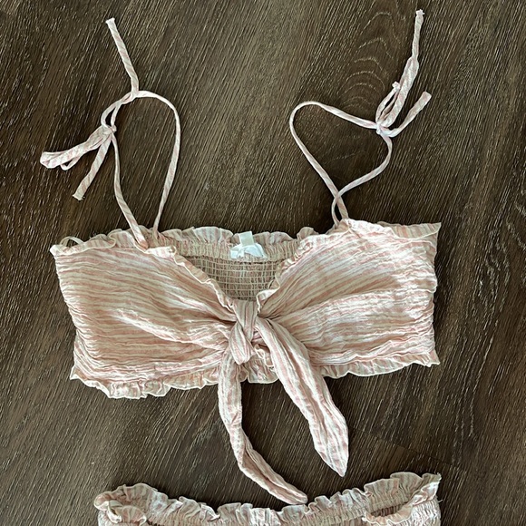 Cotton Candy LA 2 pc short set,pink/cream pin stripe, ruched, front tie bralette - Picture 3 of 7